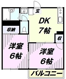 フォーブル石井Ｂ棟 1階2DKの間取り