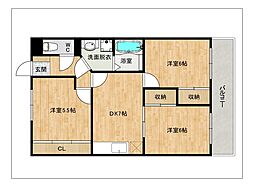 プレジデント白水I 2階3DKの間取り
