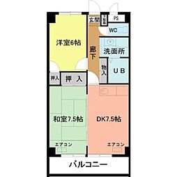 アーバンコア堀之内 3階2DKの間取り