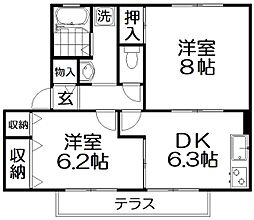 プランドール南楠葉B棟 2DKの間取図画像