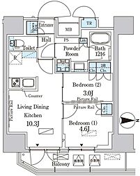 パークアクシス入谷 6階2LDKの間取り