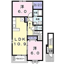 関東鉄道常総線 大田郷駅 徒歩18分の賃貸アパート 2階2LDKの間取り