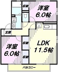 フォンテーヌ聖蹟 2階2LDKの間取り
