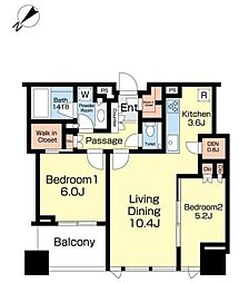 シティタワー有明 14階2LDKの間取り