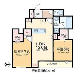 メゾンクレール谷在家 3階2LDKの間取り