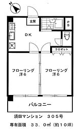 須田マンション 3階2Kの間取り