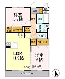 リヴェール Ａ 3階2LDKの間取り