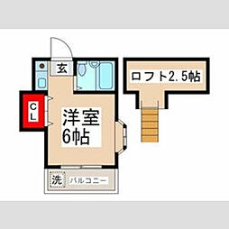 ユーベルグ国立 2階ワンルームの間取り