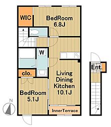 多摩都市モノレール 大塚・帝京大学駅 徒歩10分の賃貸マンション 2階2LDKの間取り