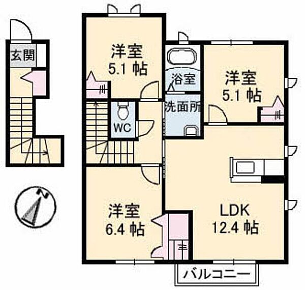 シャーメゾン　ルミエール　ＫII B0201｜山口県下関市安岡町５丁目(賃貸アパート3LDK・2階・66.43㎡)の写真 その2