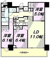 JR中央線 八王子駅 徒歩1分の賃貸マンション 25階3LDKの間取り