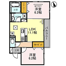 JR片町線(学研都市線) 津田駅 徒歩16分の賃貸アパート 1階2LDKの間取り