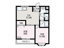 ボルベール朝霞 2階2DKの間取り