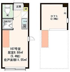 ハーモニーテラス桜上水III 2階ワンルームの間取り