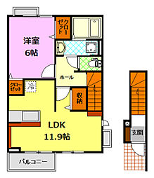 JR水戸線 結城駅 徒歩13分の賃貸アパート 2階1LDKの間取り