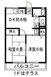 西大泉壱番館 2階2DKの間取り