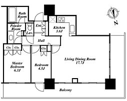 リエトコートアルクスタワー 18階2LDKの間取り