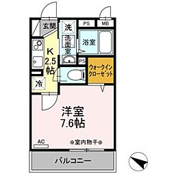 ダイヤモンドハイツ1 2階1Kの間取り