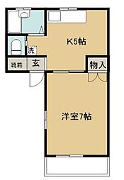 ハリガエハイツ 2階1DKの間取り