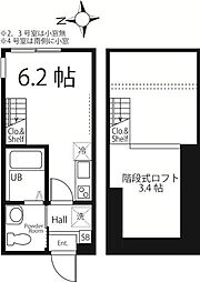 ハーミットクラブハウス下末吉 2階ワンルームの間取り