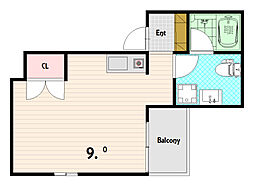 22番館 2階1Kの間取り