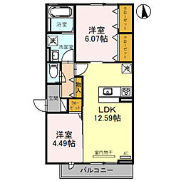 シャルマン北長尾 2LDKの間取図画像