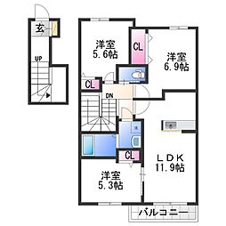 南海加太線 西ノ庄駅 徒歩13分の賃貸アパート 2階3LDKの間取り