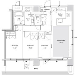 ザ・パークハビオ代々木 6階3LDKの間取り