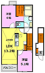 JR水戸線 結城駅 徒歩12分の賃貸アパート 2階2LDKの間取り
