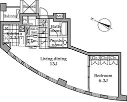 レジディアタワー乃木坂 6階1LDKの間取り