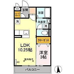 フェリスタ宮沢 2階1LDKの間取り