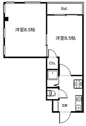 グランドールワタナベII 3階1LDKの間取り