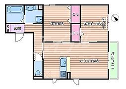ソフィアコート鳥飼　A棟 3階2LDKの間取り