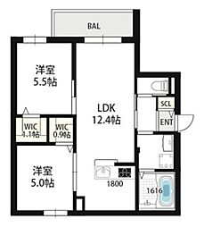 阪急神戸本線 西宮北口駅 徒歩16分の賃貸マンション 2階2LDKの間取り