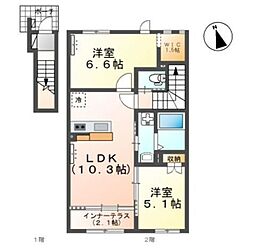 鶴ヶ島市脚折町6丁目アパートII期新築工事 2階2LDKの間取り