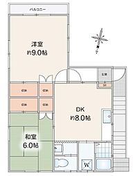 コーポワタナベII 2階2DKの間取り