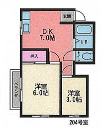 オークハイツ相武台 2階2DKの間取り