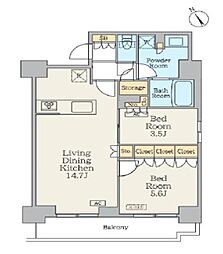 クレストコート門前仲町 14階2LDKの間取り