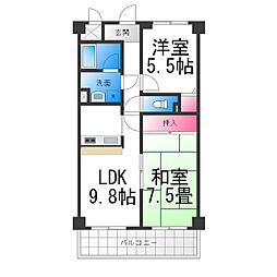 JR阪和線 津久野駅 徒歩10分の賃貸マンション 2階2LDKの間取り