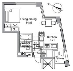 レジディアタワー乃木坂 3階ワンルームの間取り