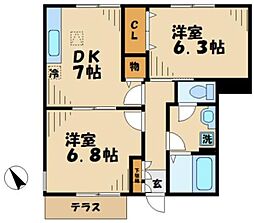 京王相模原線 多摩境駅 バス10分 下馬場下車 徒歩1分の賃貸アパート 1階2DKの間取り