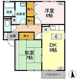 プラザS 1階2DKの間取り