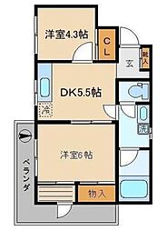 梅影ハイツ 2DKの間取図画像