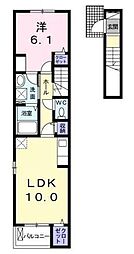 リジエール・ウエスト 2階1LDKの間取り