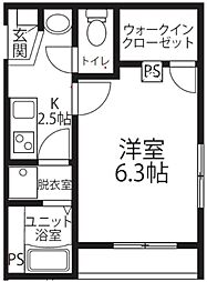 カーサK 3階1Kの間取り