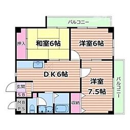 カーサ山野 4階3DKの間取り