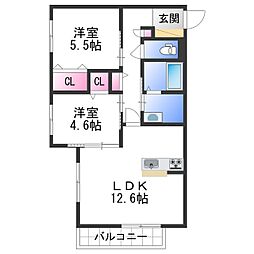 シャーメゾン秋月の杜 1階2LDKの間取り