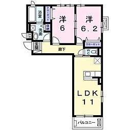 JR阪和線 熊取駅 徒歩14分の賃貸アパート 2階2LDKの間取り
