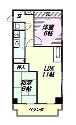 リバーサイド西八王子 3階2DKの間取り