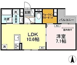 セレスティア大谷田III 2階1LDKの間取り
